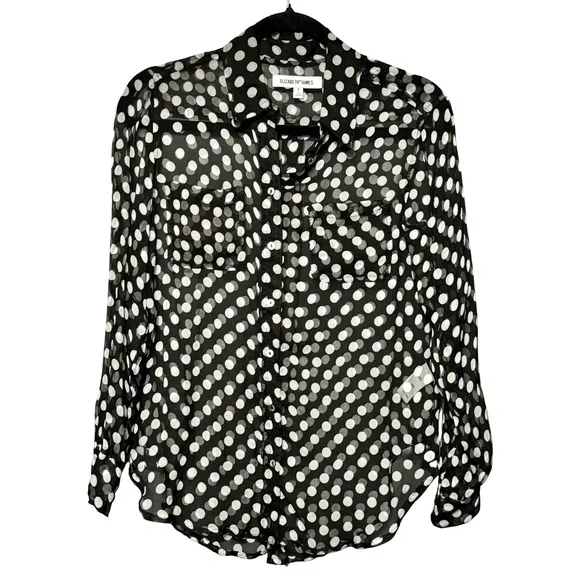 Elizabeth and James 100% Silk Black and White Polka Dot Button Front Blouse Top - Picture 2 of 15